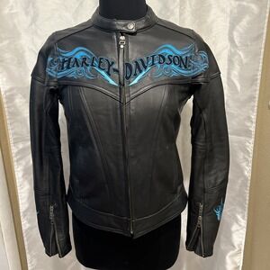 Harley Davidson Black Twilight Leather Jacket W/Blue Tribal Embroidery Womens S